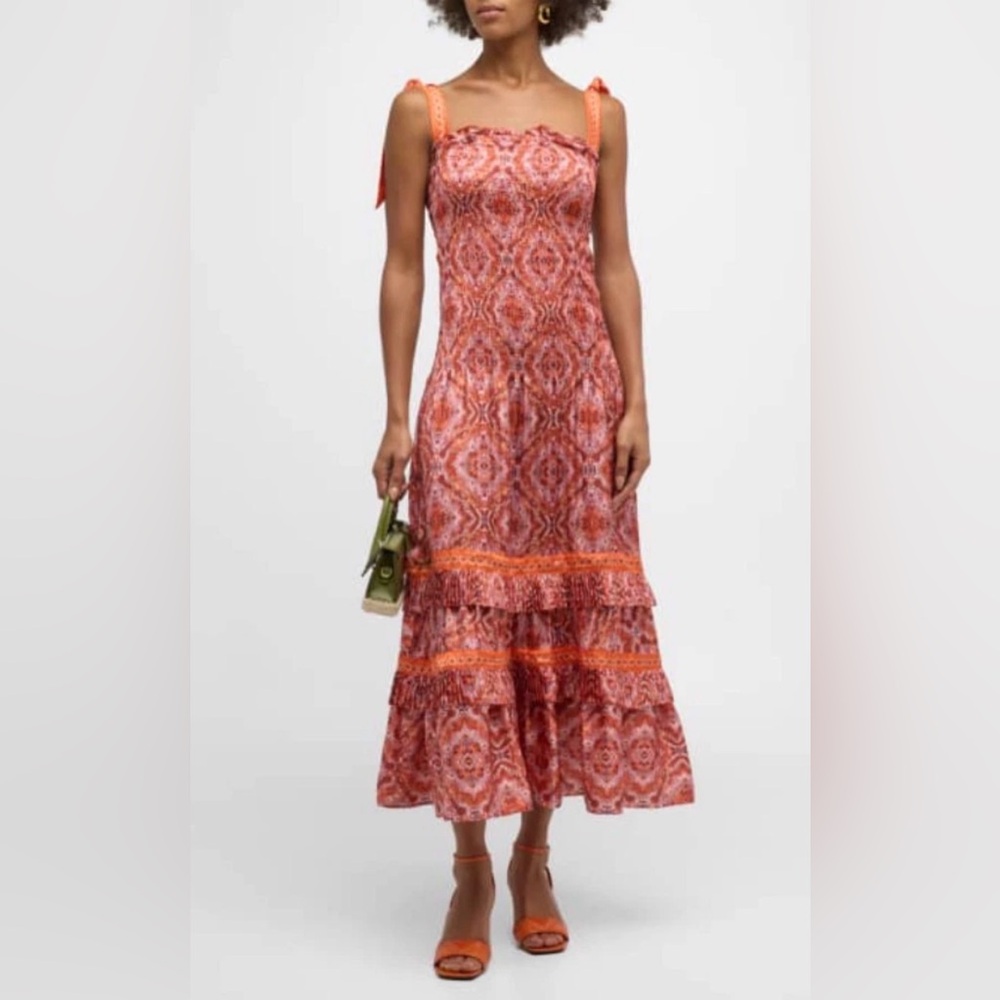 Ramy Brook Sia Smocked Ruffle Tiered Midi Dress Womens Medium